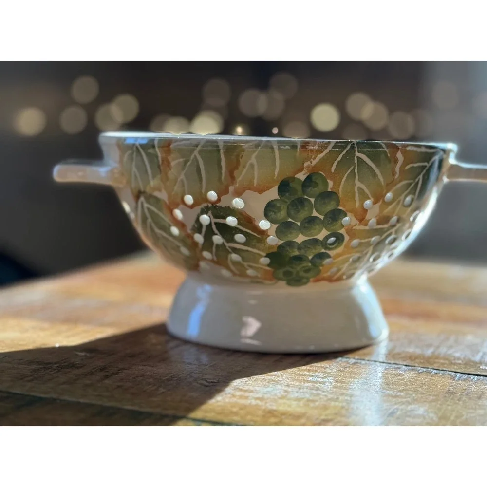 ND Hand Painted Ceramic Berry Colander Cream Green Grapes Footed Strainer